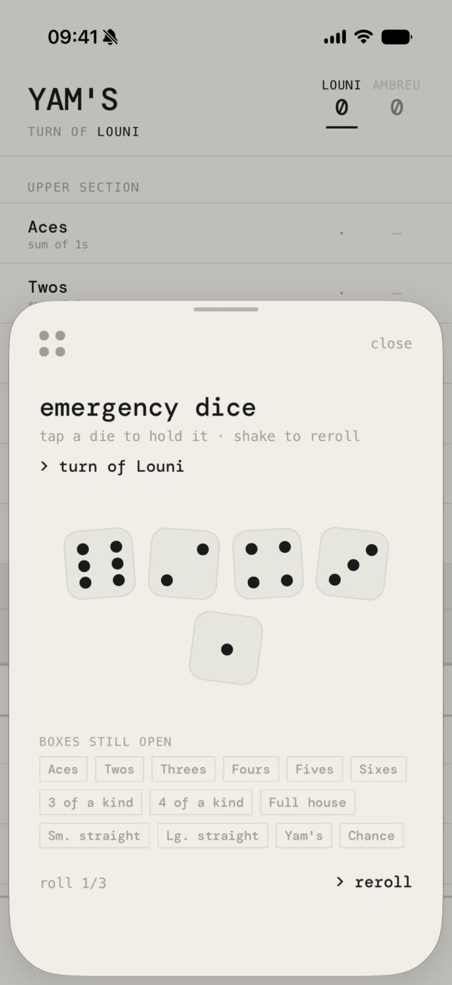 The emergency dice sheet open over the score sheet: five dice, the list of boxes still open, and roll 1 of 3.