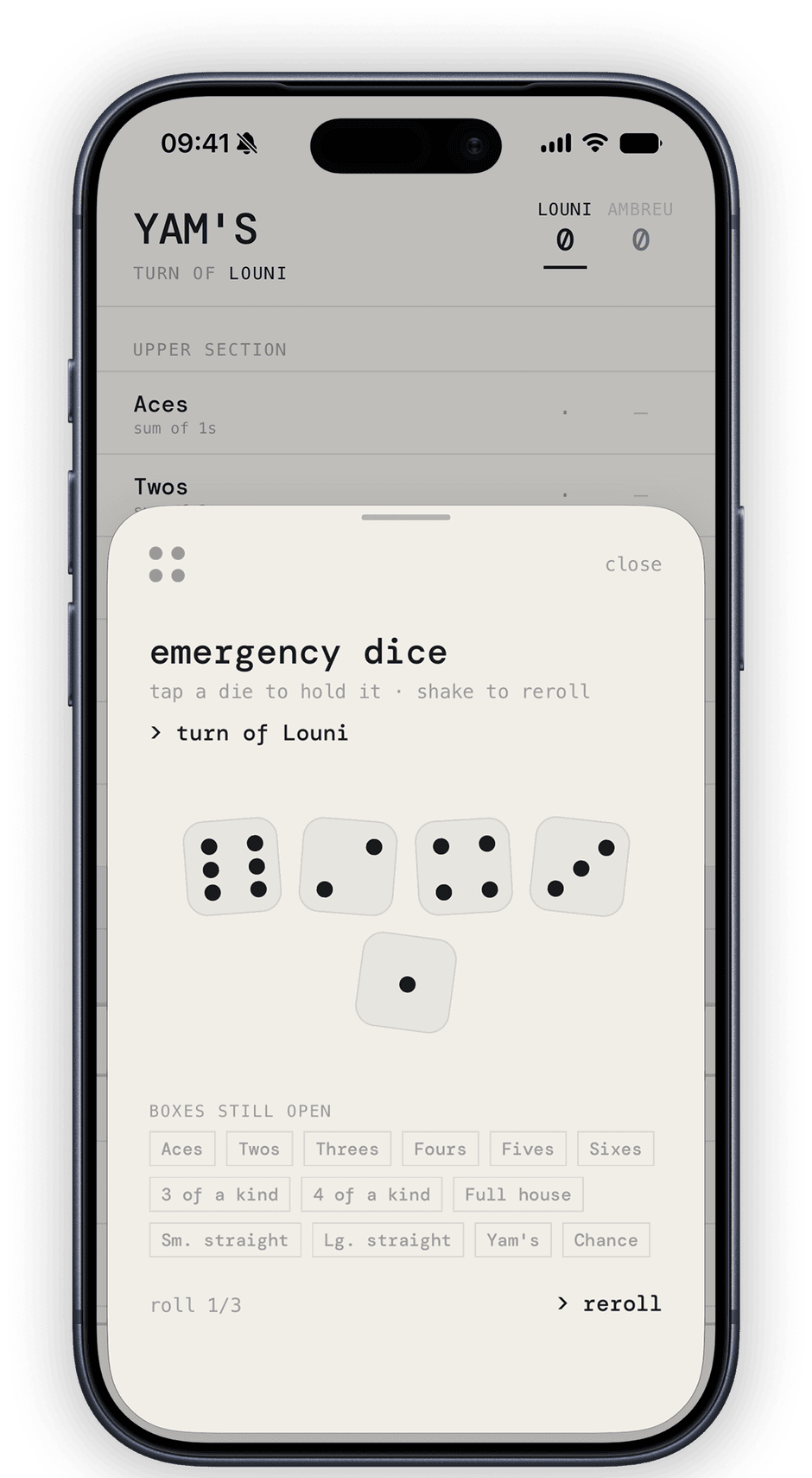 Yam's emergency dice sheet with five dice ready to reroll