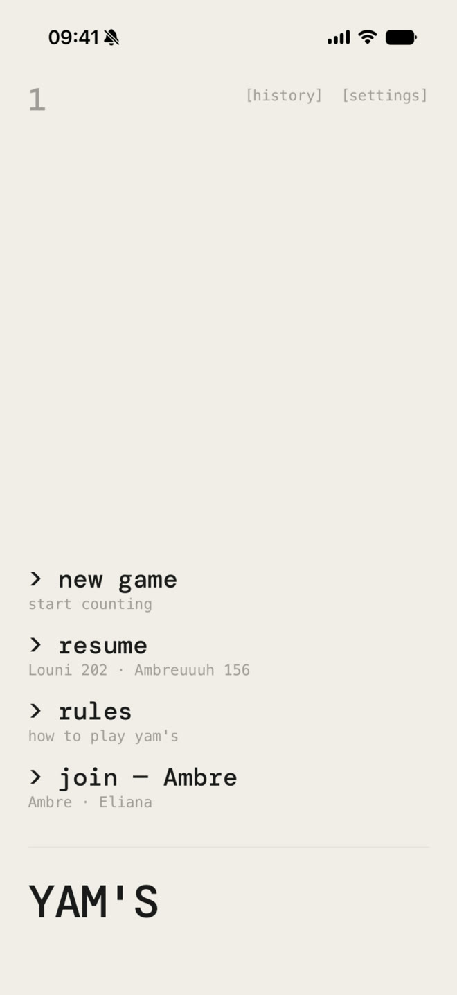 The Yam's home screen with a join entry for Ambre's table listed under new game, resume and rules.