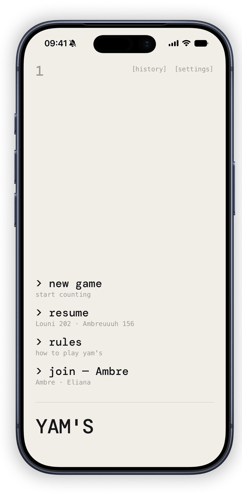 Yam's home screen with join Ambre and a game ready to resume