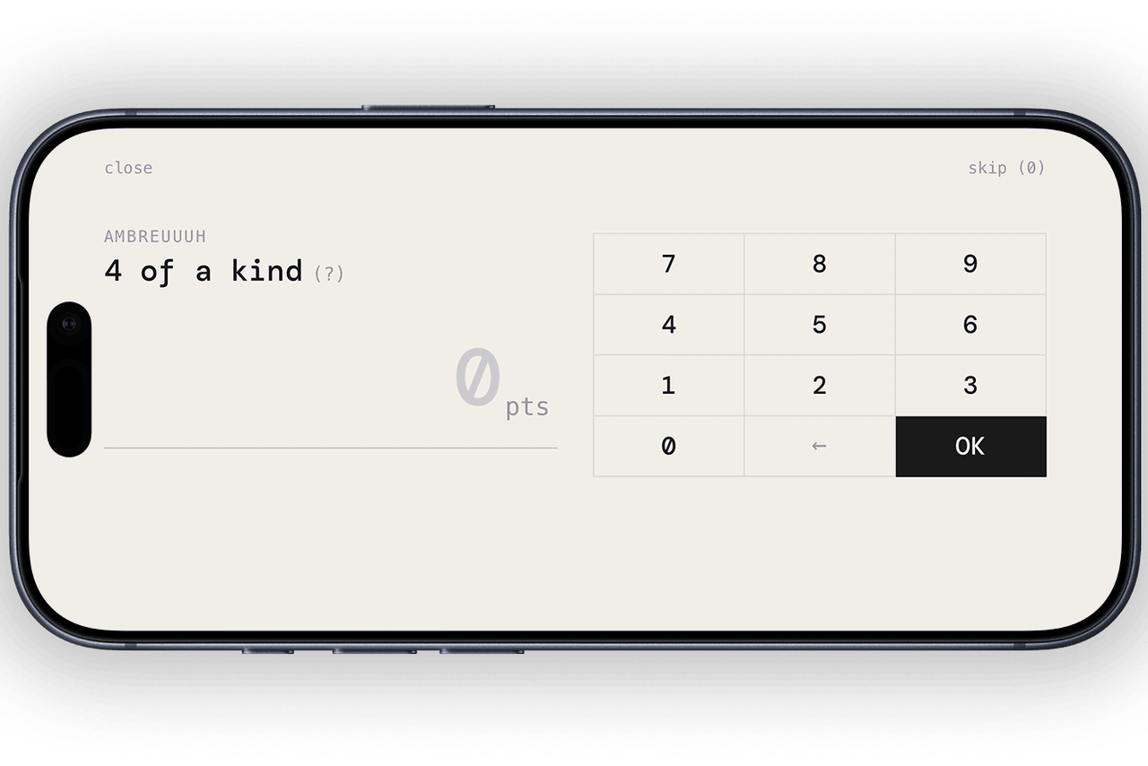 Yam's landscape score entry with a numeric keypad for four of a kind