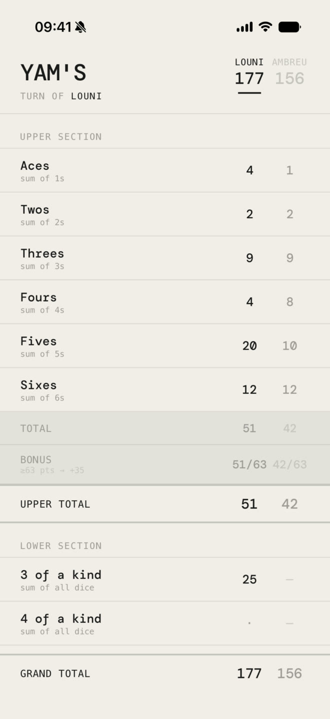 The Yam's score sheet on iPhone mid-game: Louni leads Ambreuuuh 177 to 156, with every upper-section category filled in and the 63-point bonus tracked.