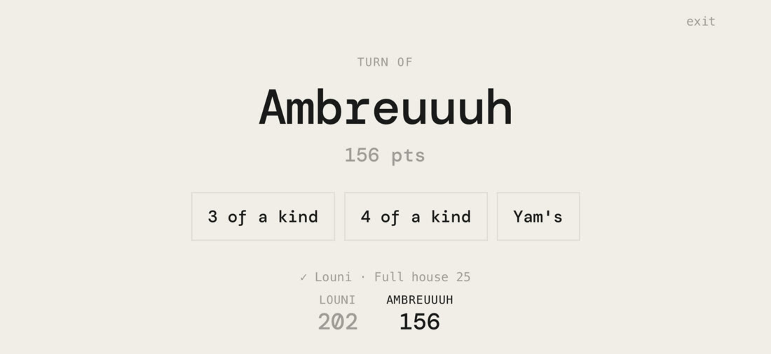 Table mode in landscape: whose turn it is in large type, the categories still open, and both running scores.