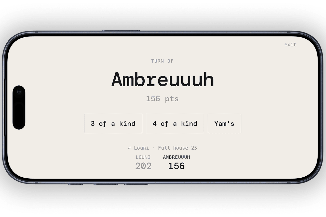 Yam's landscape table mode showing Ambreuuh's turn and score choices